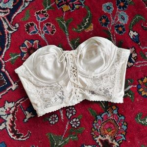 Ivory Satin Corset Bralette Strapless Lace Soft Boned Vintage Hook Eye Closure